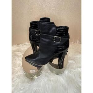 Sam Edelman Black Croc Embossed Sz 10 Pointy Toe Black Ankle Sexy Statement Boot